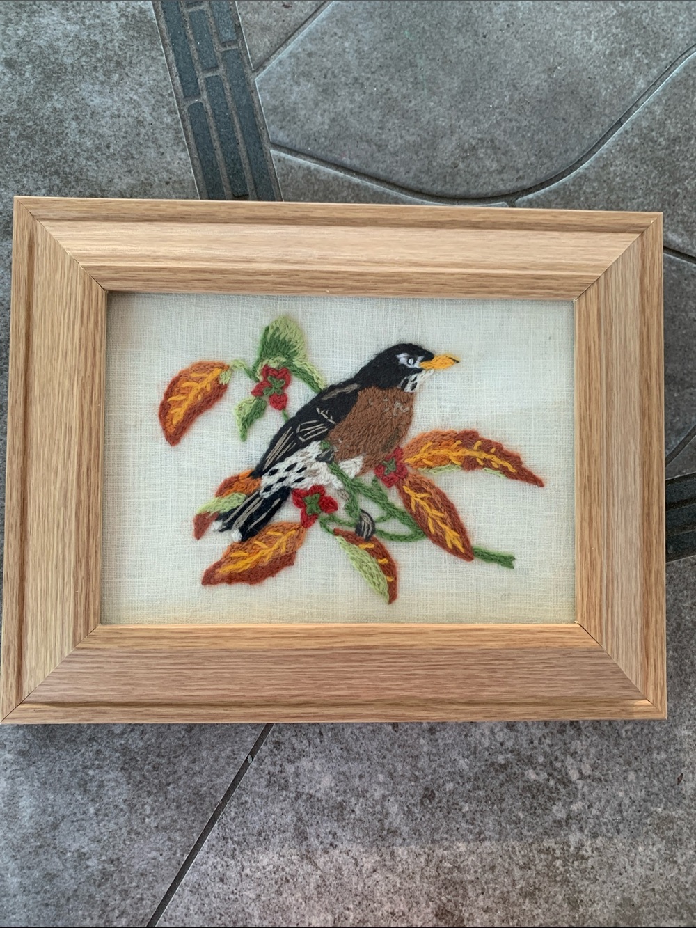 Vtg Homemade Needlepoint of a Robin